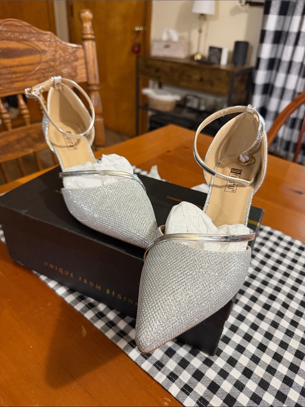 Unisa Silver Glitter Pointed Toe Ankle-Strap Heels